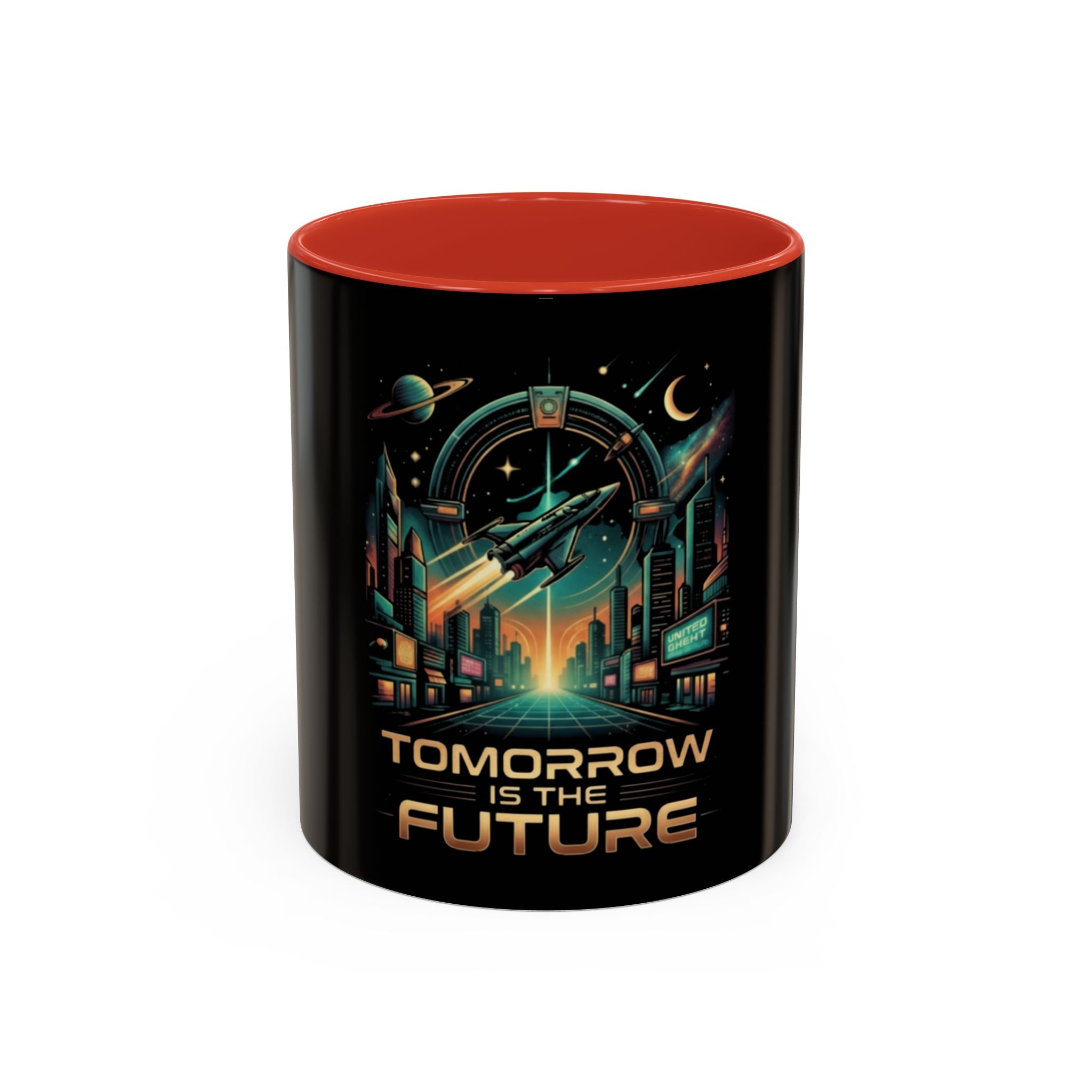 Tomorrow Is The Future Coffee Mug — Retro Space Rocket Accent Mug (11/15oz)