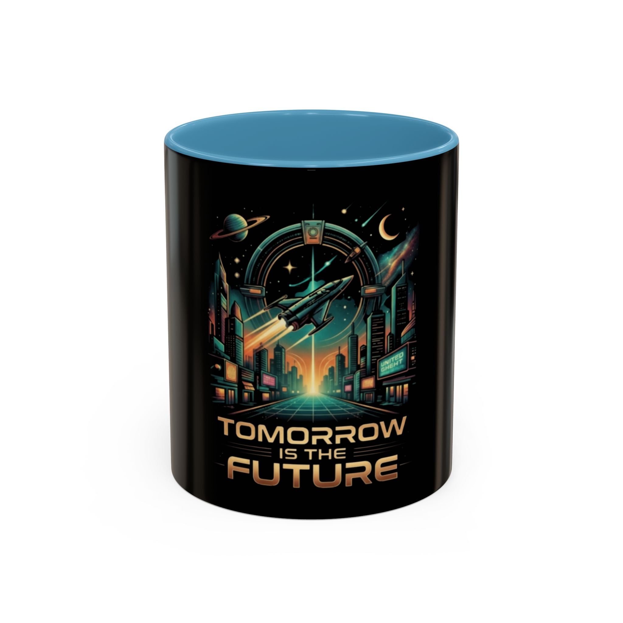 Tomorrow Is The Future Coffee Mug — Retro Space Rocket Accent Mug (11/15oz)
