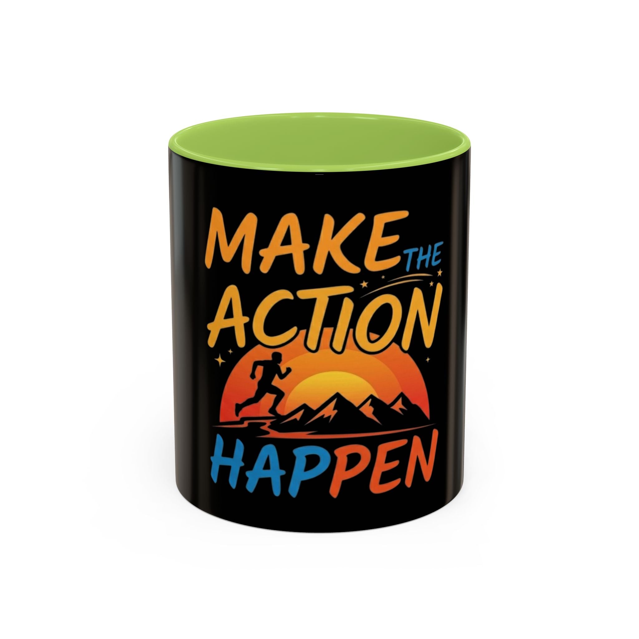 Make the Action Happen Coffee Mug — Motivational Black Accent Mug (11/15oz)