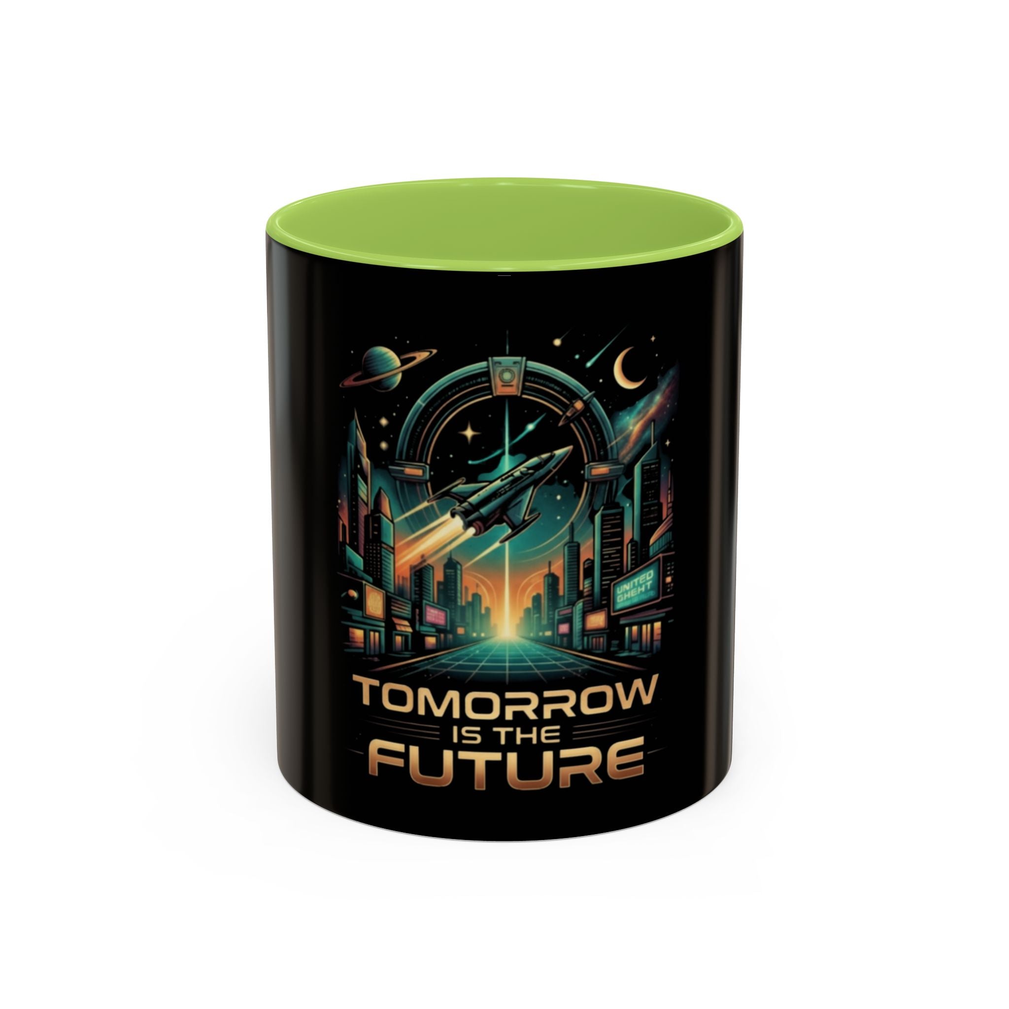 Tomorrow Is The Future Coffee Mug — Retro Space Rocket Accent Mug (11/15oz)