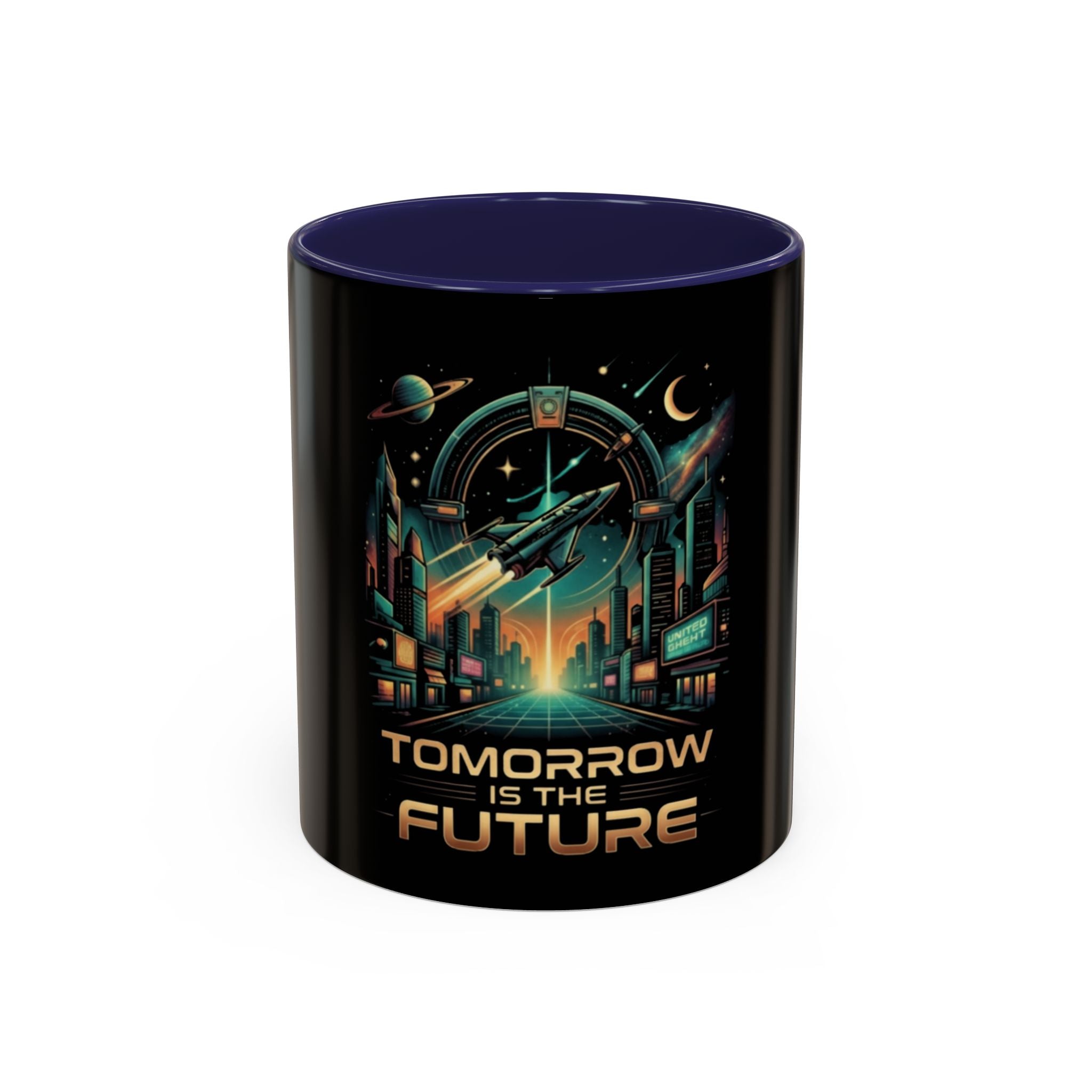 Tomorrow Is The Future Coffee Mug — Retro Space Rocket Accent Mug (11/15oz)