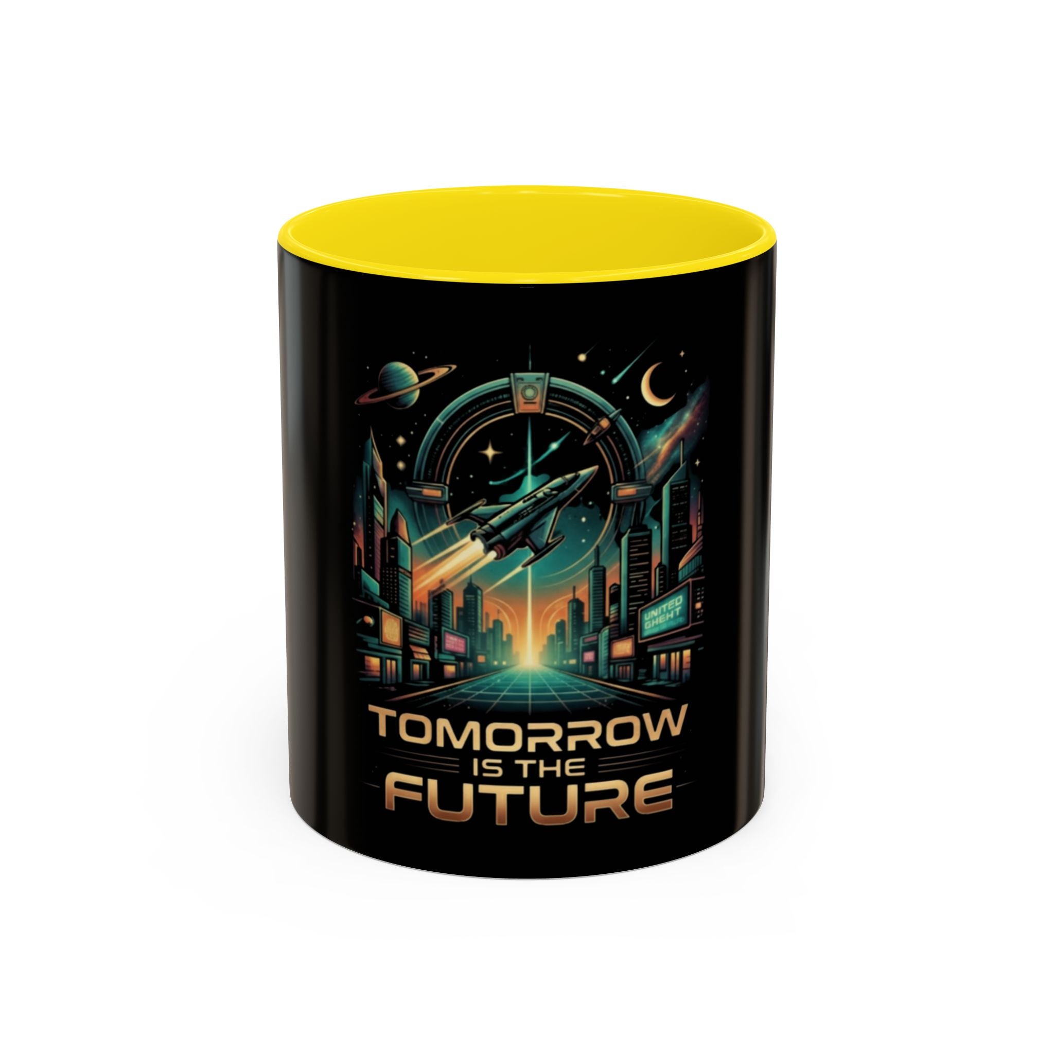 Tomorrow Is The Future Coffee Mug — Retro Space Rocket Accent Mug (11/15oz)