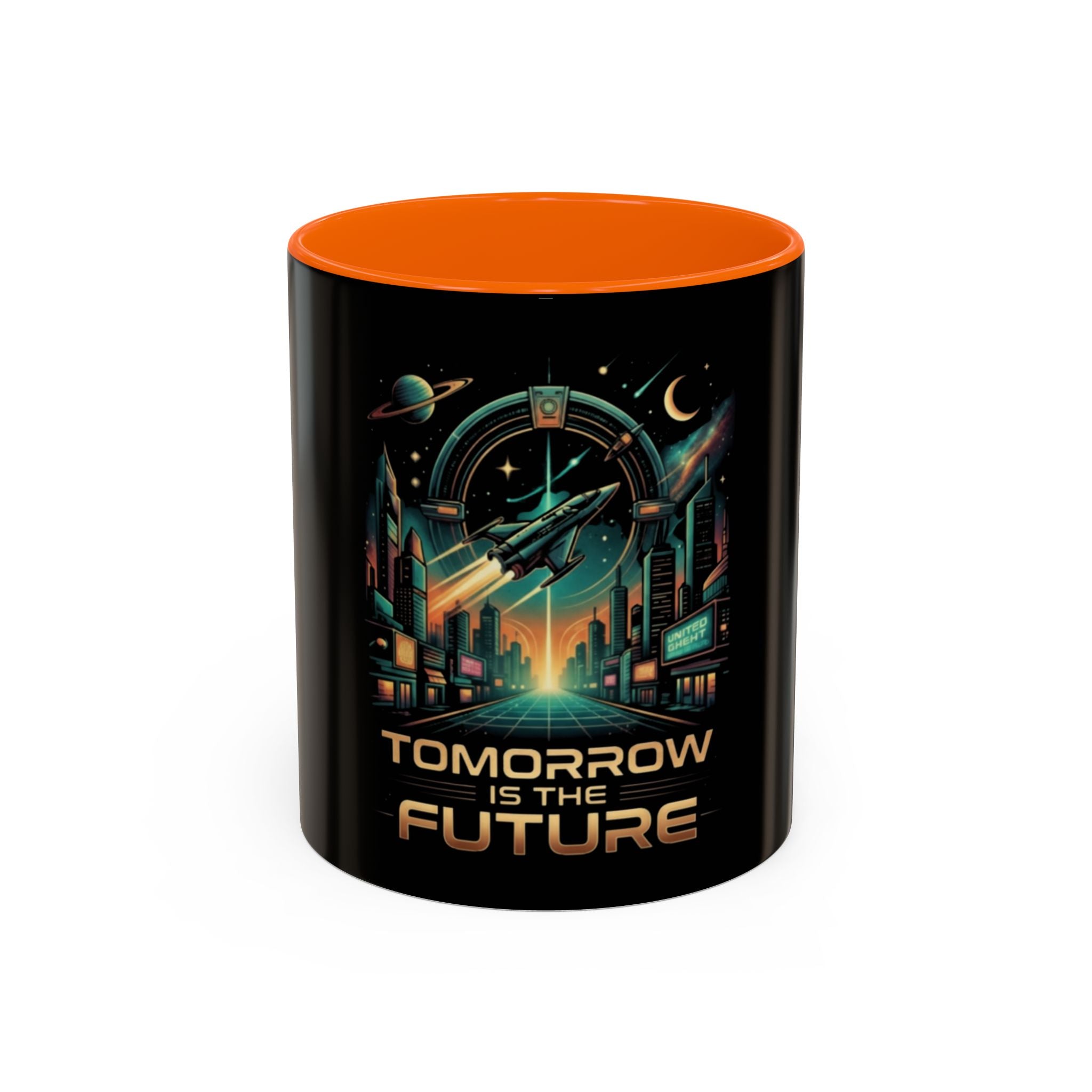 Tomorrow Is The Future Coffee Mug — Retro Space Rocket Accent Mug (11/15oz)